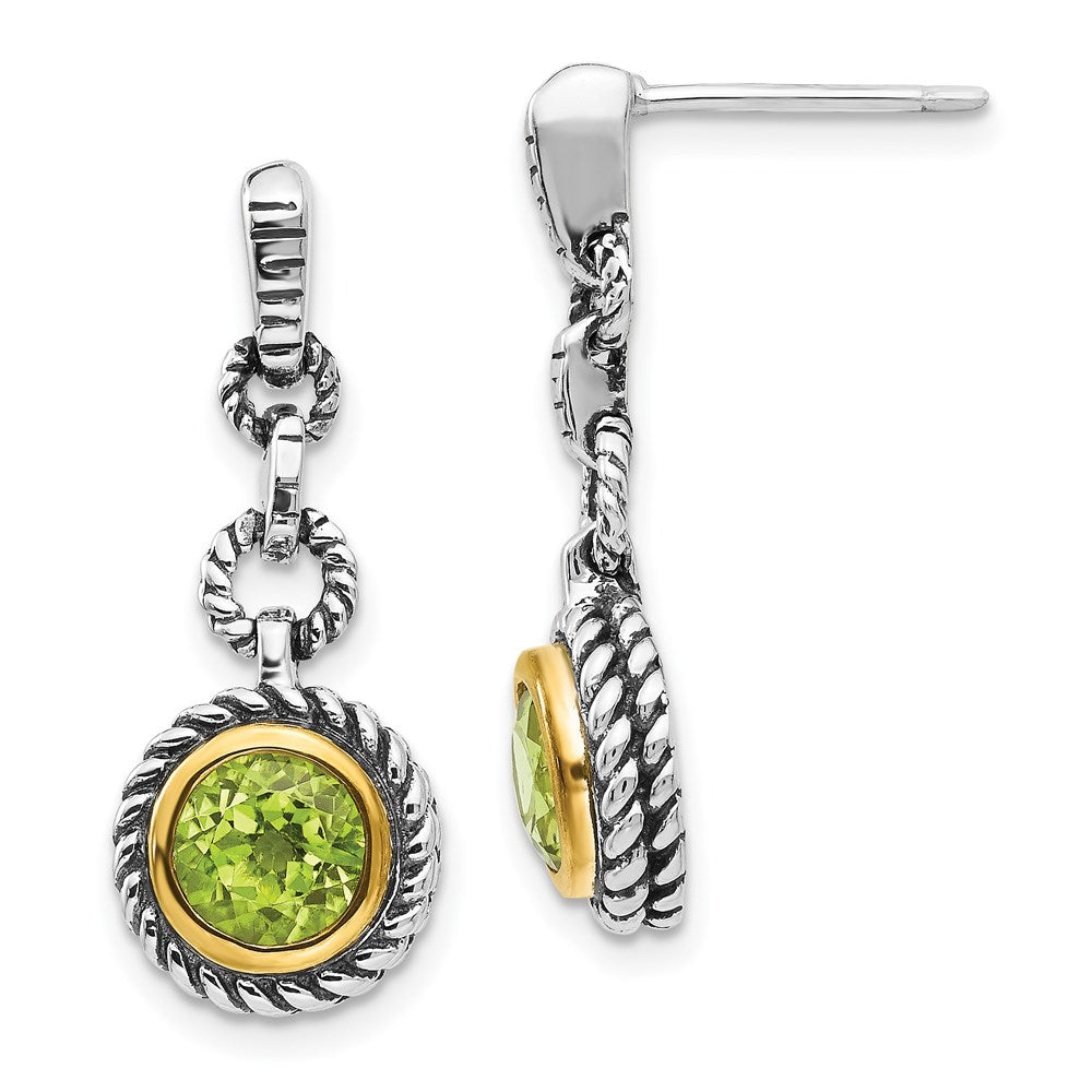 Shey Couture Sterling Silver Gold-tone Flash Gold-plated Antiqued Round Bezel Peridot Post Dangle Earrings