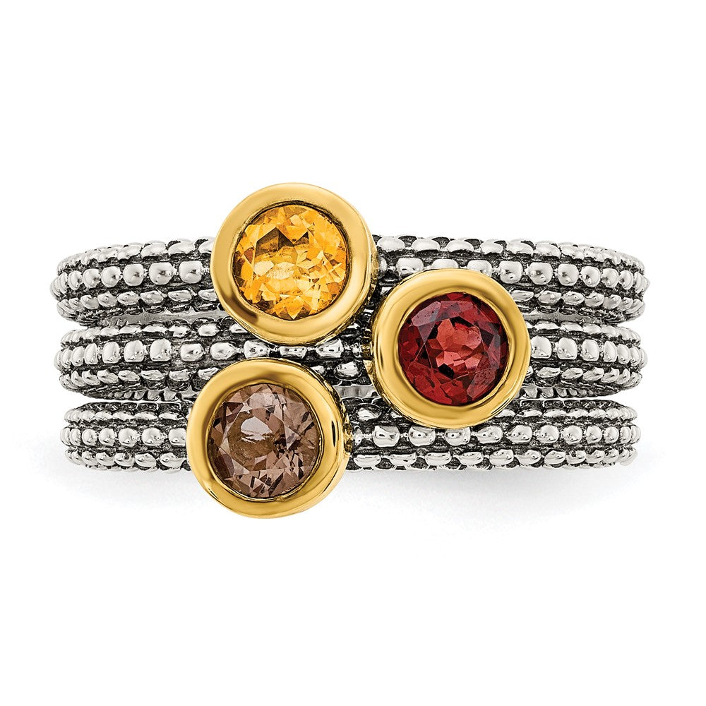 Shey Couture Sterling Silver Gold-tone Flash Gold-plated Antiqued Round Bezel Garnet Citrine and Smoky Quartz 3 Stackable Rings