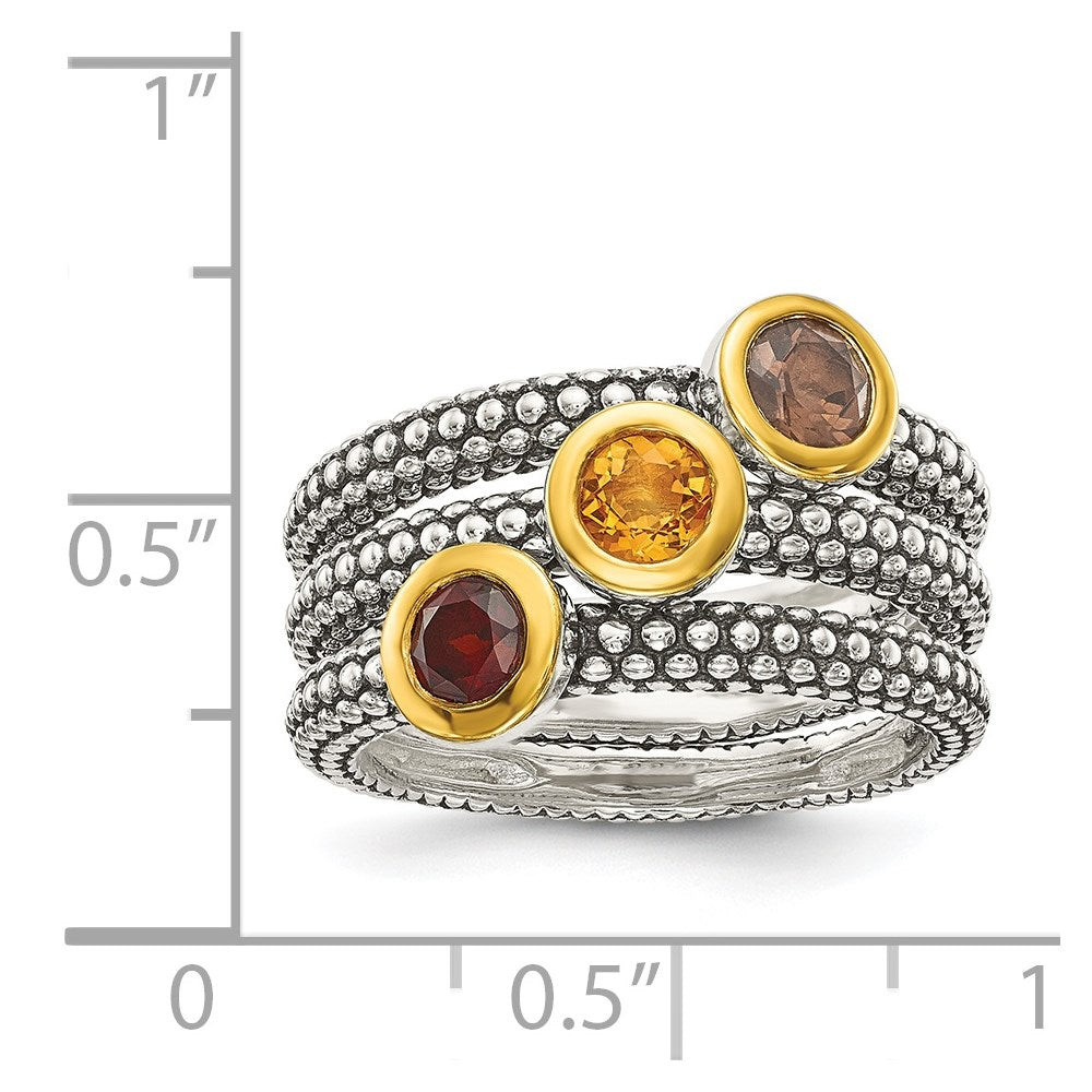 Shey Couture Sterling Silver Gold-tone Flash Gold-plated Antiqued Round Bezel Garnet Citrine and Smoky Quartz 3 Stackable Rings