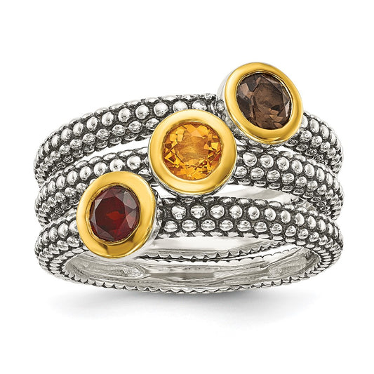 Shey Couture Sterling Silver Gold-tone Flash Gold-plated Antiqued Round Bezel Garnet Citrine and Smoky Quartz 3 Stackable Rings