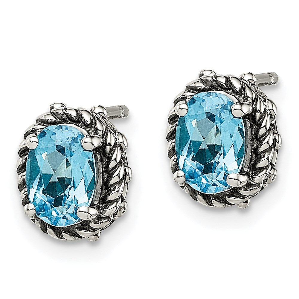 Shey Couture Sterling Silver Antiqued Oval Blue Topaz Post Earrings