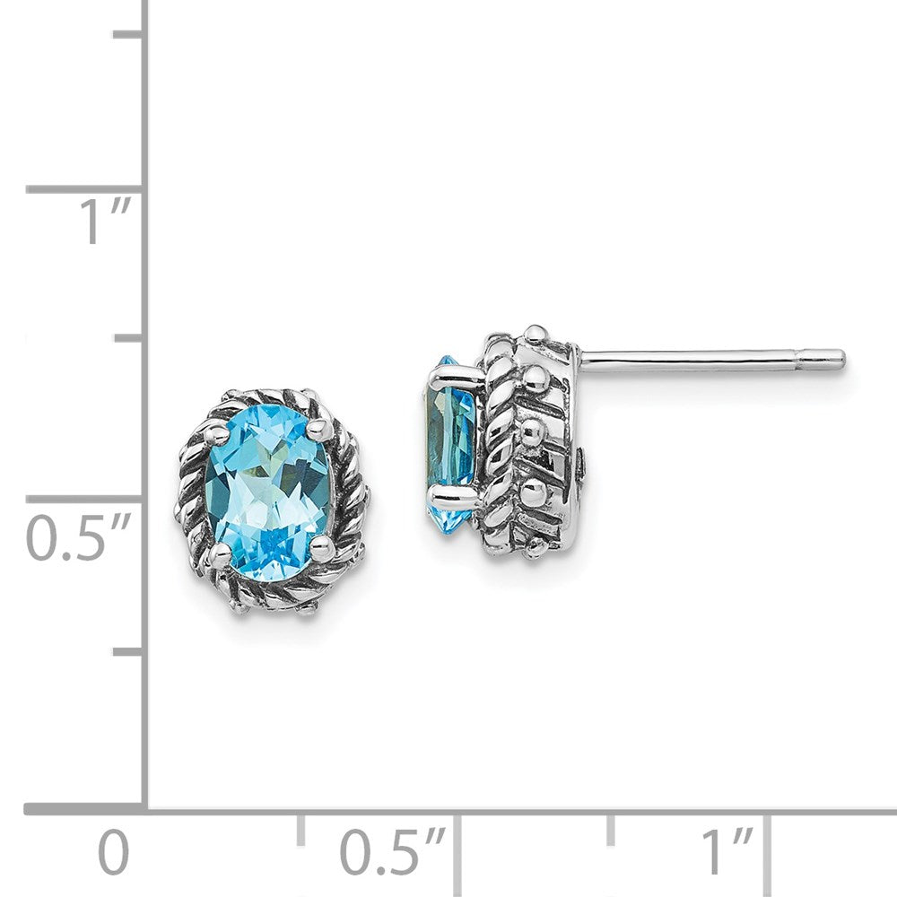 Shey Couture Sterling Silver Antiqued Oval Blue Topaz Post Earrings