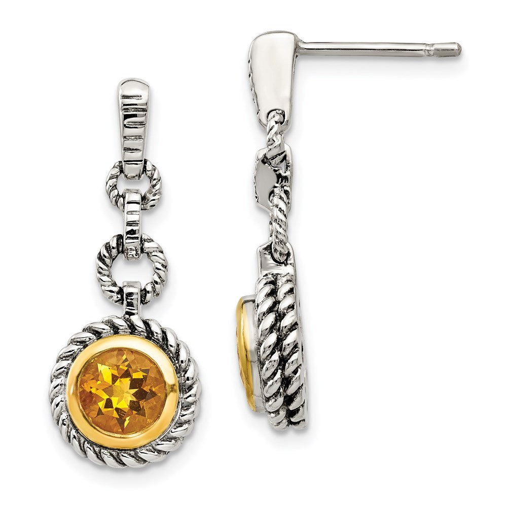 Shey Couture Sterling Silver Gold-tone Flash Gold-plated Antiqued Round Bezel Citrine Post Dangle Earrings