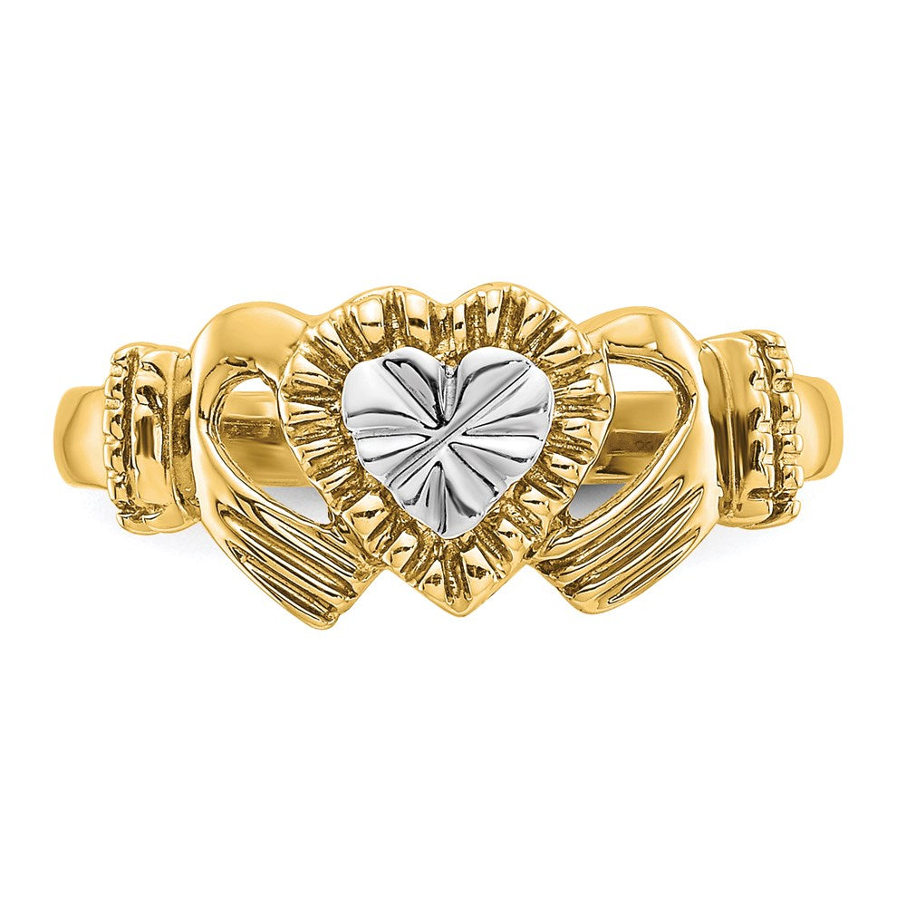 14k Yellow Gold Diamond-Cut & Rhodium Claddagh Ring