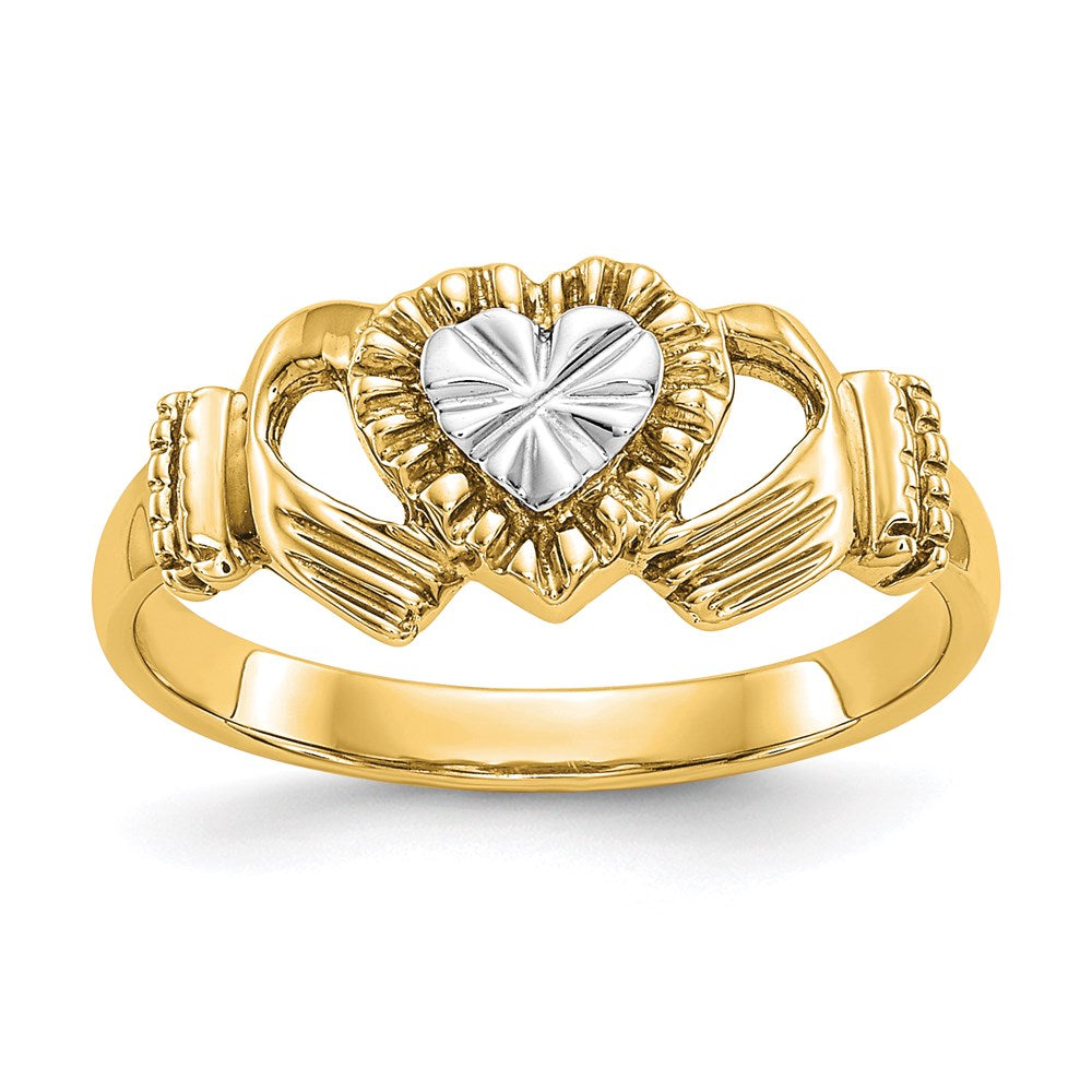 14k Yellow Gold Diamond-Cut & Rhodium Claddagh Ring