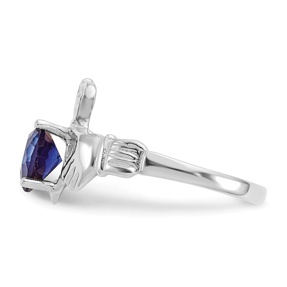 14k White Gold September CZ Birthstone Claddagh Ring