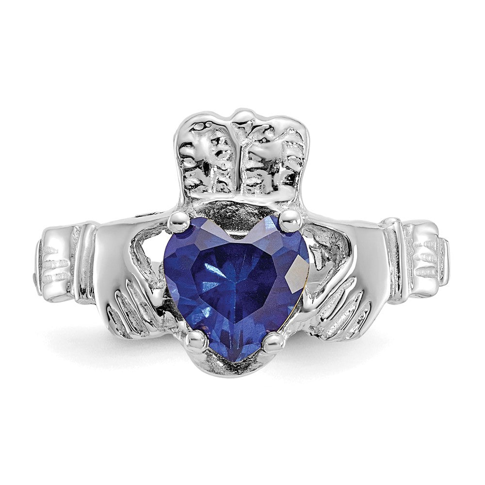 14k White Gold September CZ Birthstone Claddagh Ring