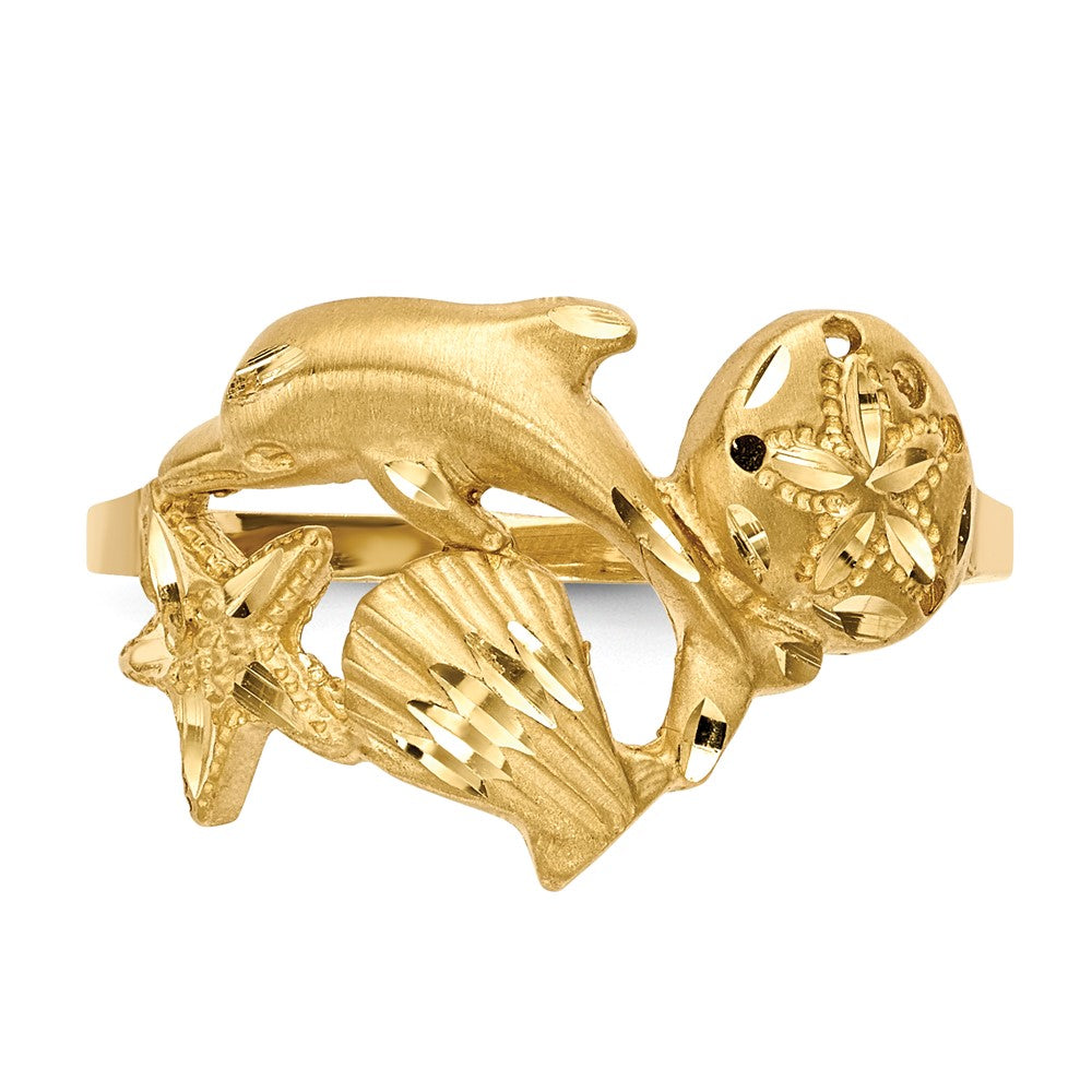 14K Yellow Gold Polished and Satin Diamond-cut Dolphin Starfish Shell Sand Dollar Ring