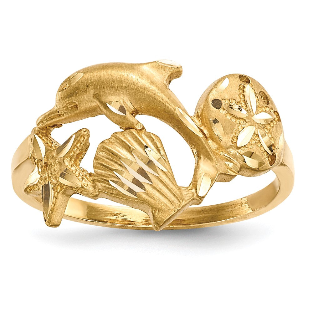 14K Yellow Gold Polished and Satin Diamond-cut Dolphin Starfish Shell Sand Dollar Ring