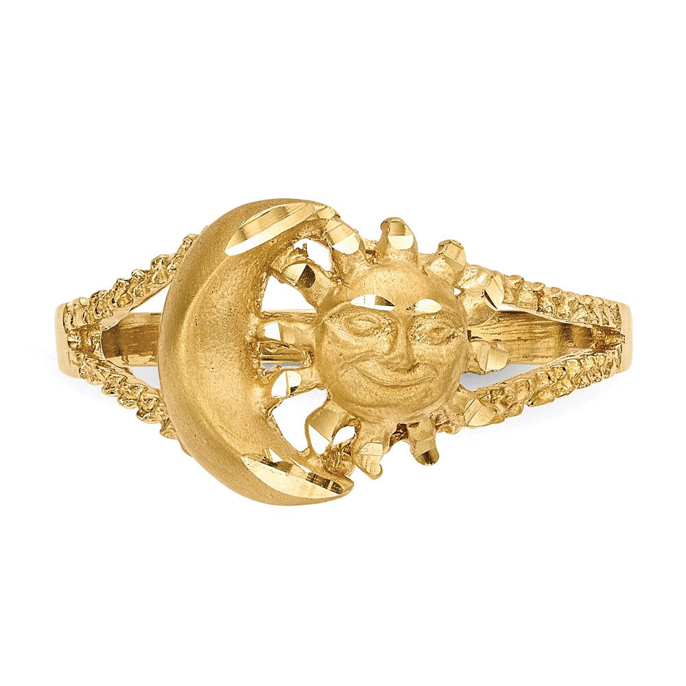 14K Yellow Gold Polished and Satin Diamond-cut Sun and Moon Ring