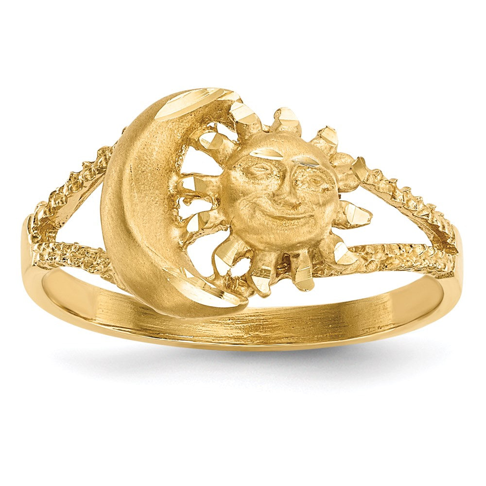 14K Yellow Gold Polished and Satin Diamond-cut Sun and Moon Ring