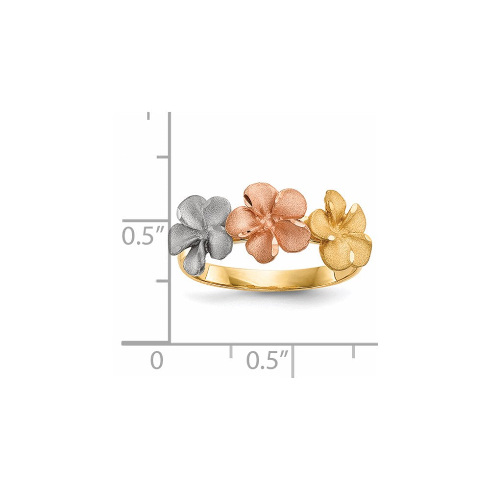 14k Two-Tone Gold w/White Rhodium Satin D/C 3-Plumerias Ring