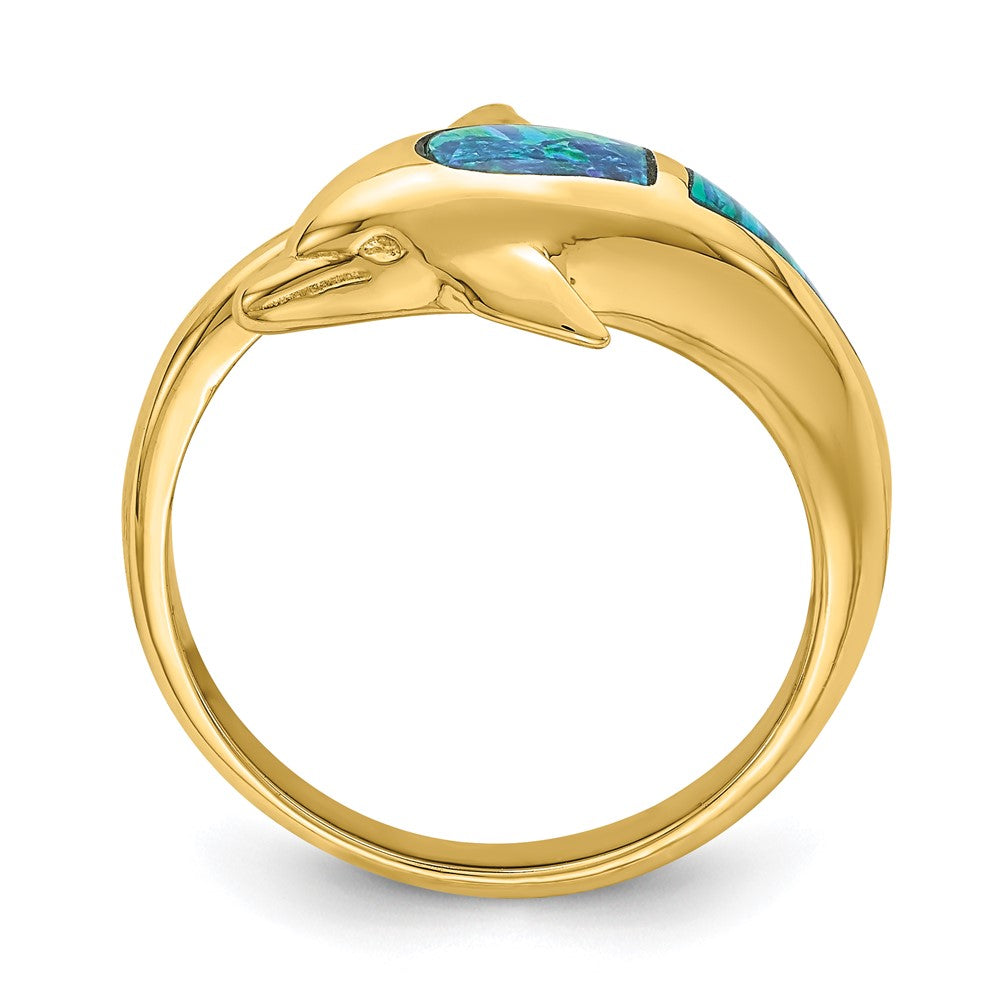 14k Yellow Gold Lab Created Opal Dolphin Ring