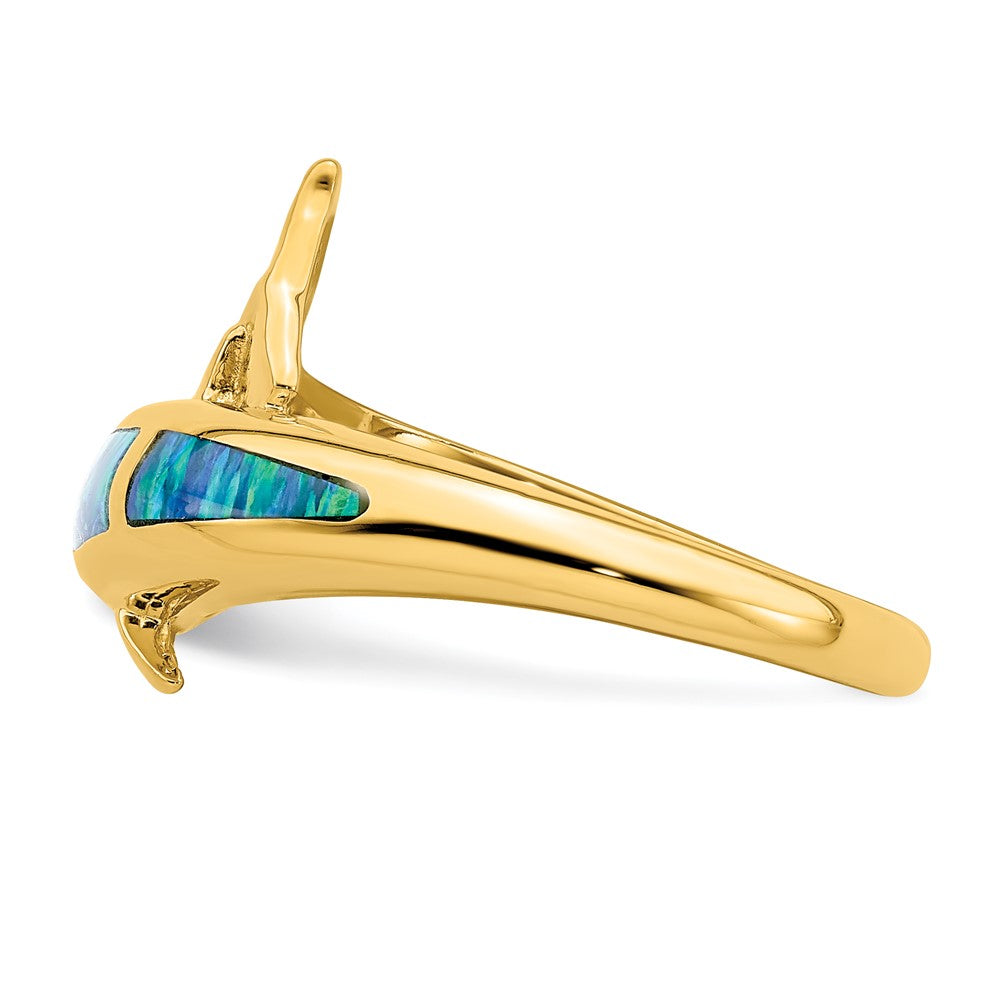 14k Yellow Gold Lab Created Opal Dolphin Ring