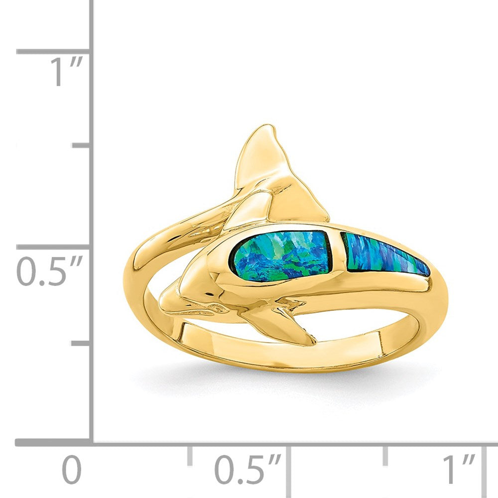 14k Yellow Gold Lab Created Opal Dolphin Ring