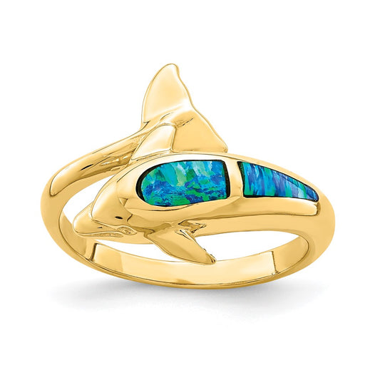 14k Yellow Gold Lab Created Opal Dolphin Ring