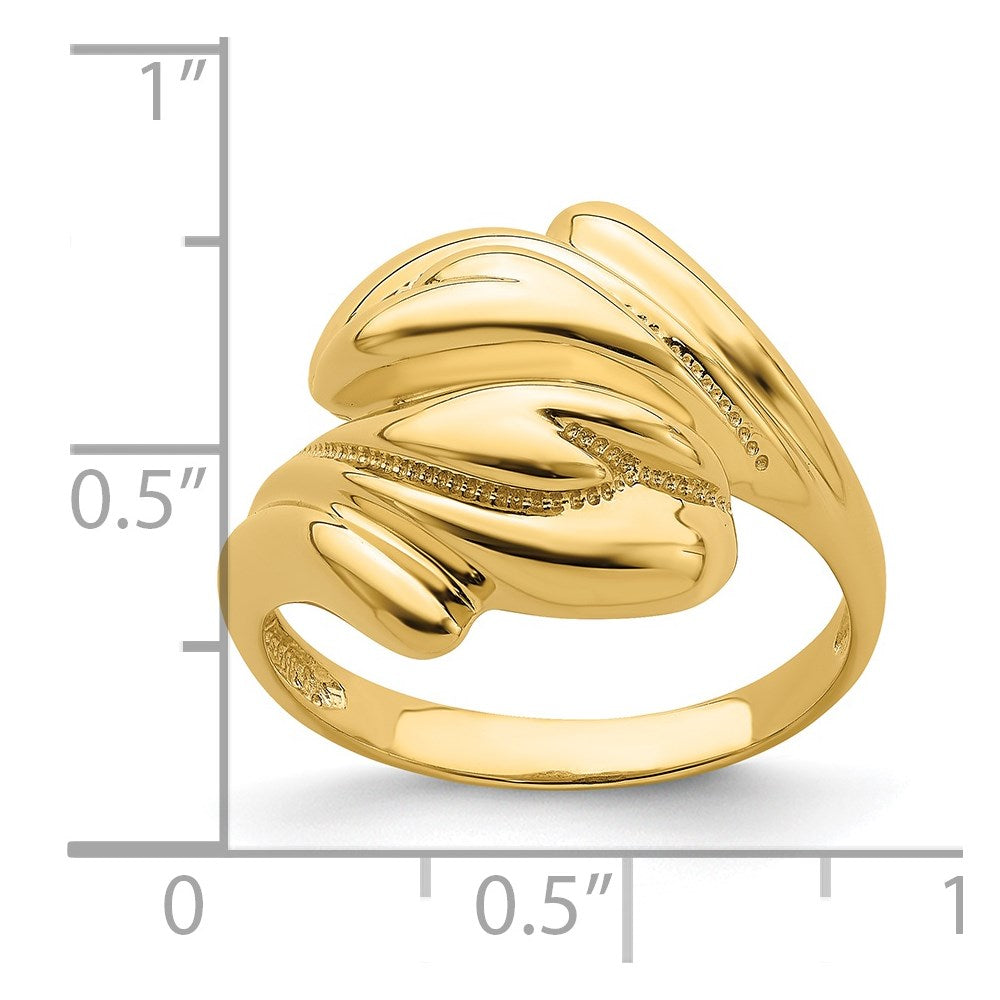 14K Yellow Gold Polished Beaded Swirl Crossover Ring