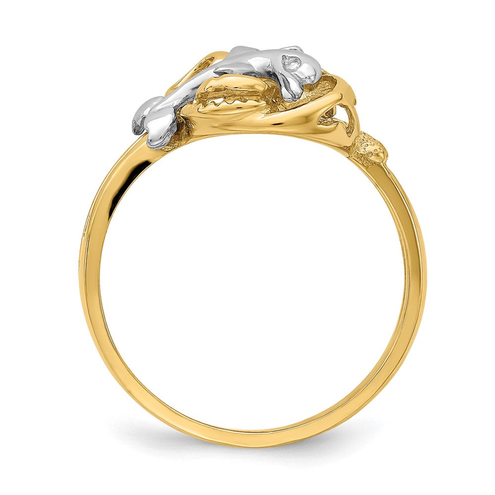 14K Two-tone Gold W/Rhodium Dolphin and Plumeria w/ Waves Ring