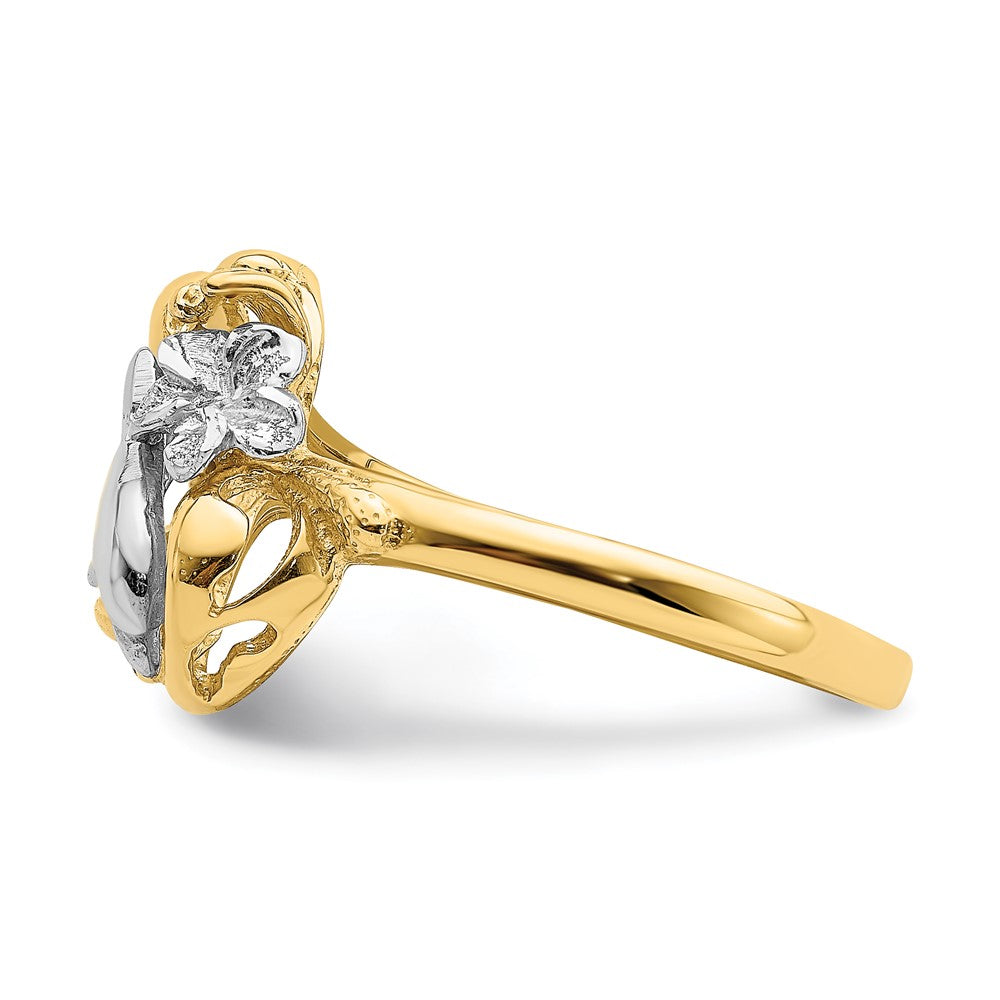 14K Two-tone Gold W/Rhodium Dolphin and Plumeria w/ Waves Ring