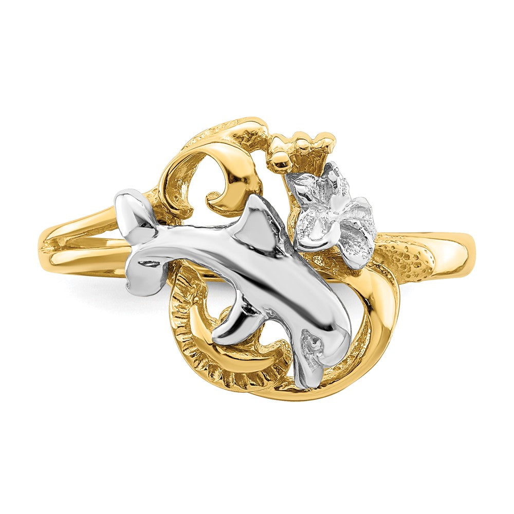 14K Two-tone Gold W/Rhodium Dolphin and Plumeria w/ Waves Ring