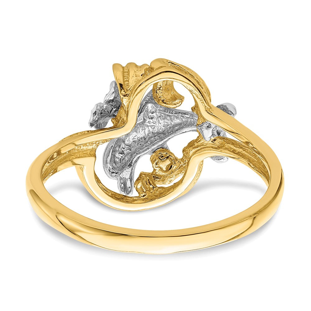 14K Two-tone Gold W/Rhodium Dolphin and Plumeria w/ Waves Ring