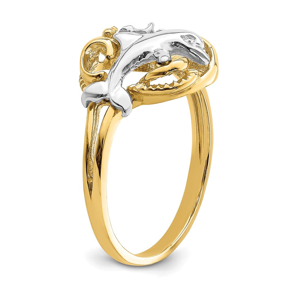 14K Two-tone Gold W/Rhodium Dolphin and Plumeria w/ Waves Ring