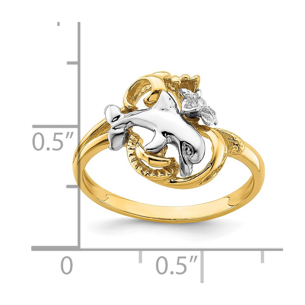 14K Two-tone Gold W/Rhodium Dolphin and Plumeria w/ Waves Ring