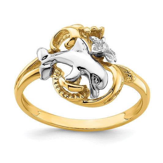 14K Two-tone Gold W/Rhodium Dolphin and Plumeria w/ Waves Ring