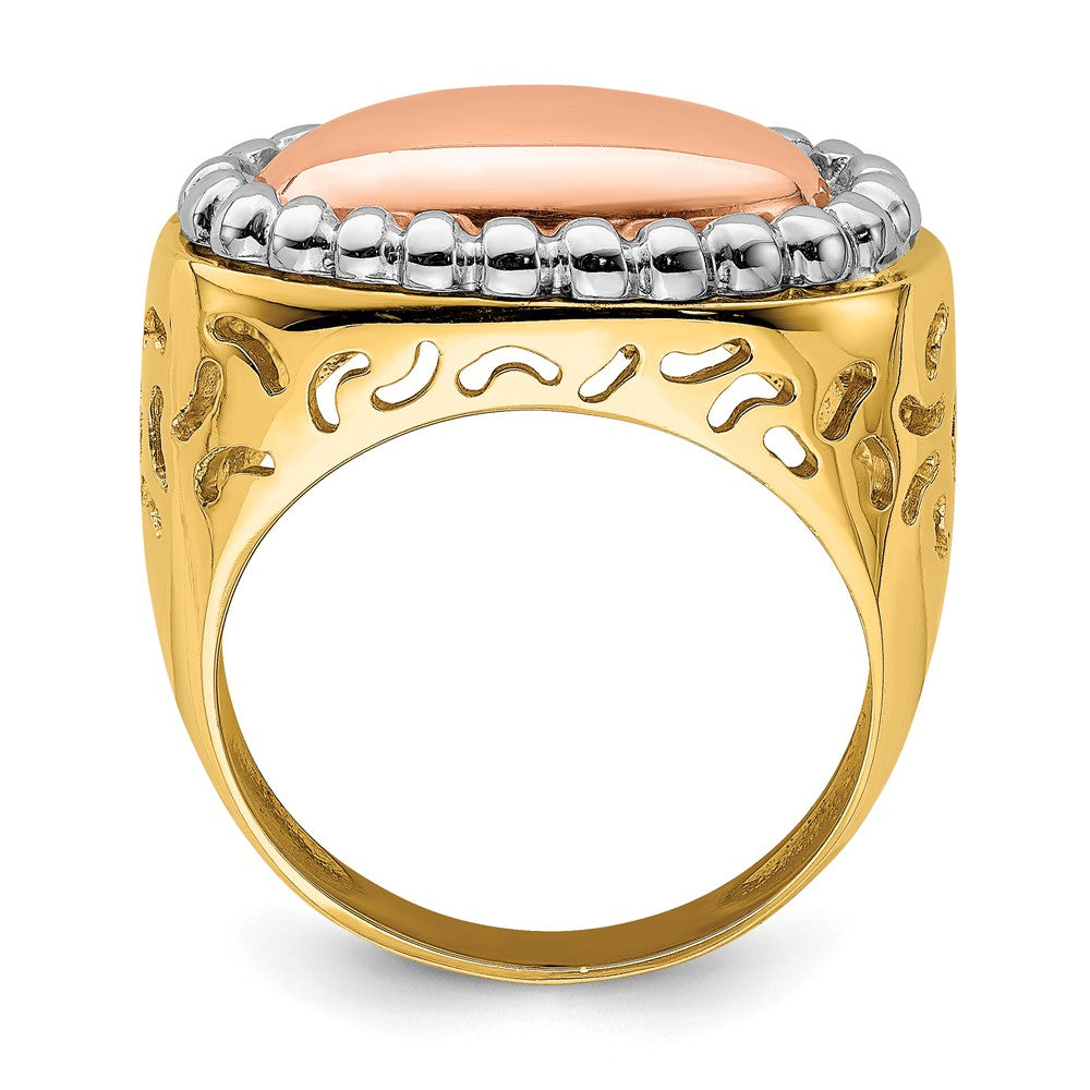 14k Tri-color Gold Oval Beaded Frame Dome Ring