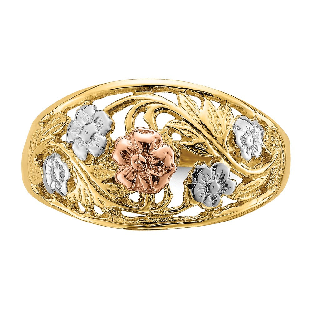 14k Two-Tone Gold w/White Rhodium Floral Dome Ring