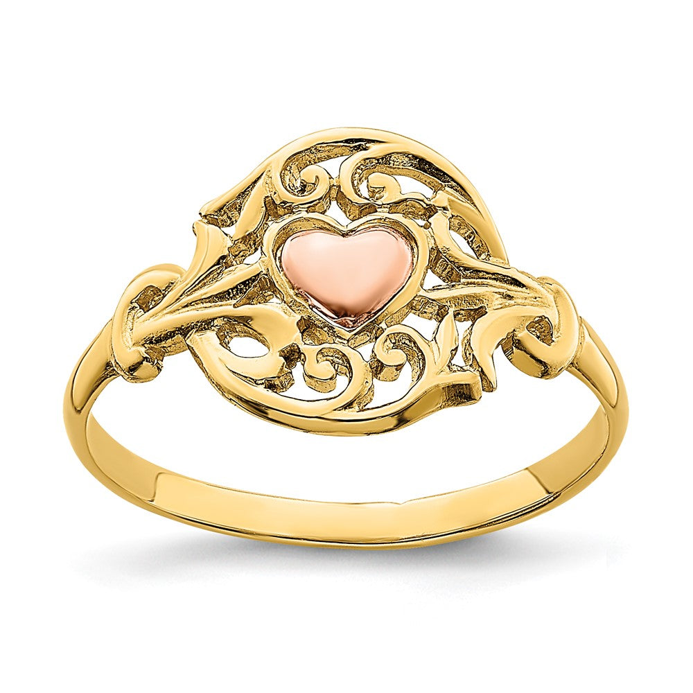 14K Two-Tone Gold Polished Filigree Around Heart Ring