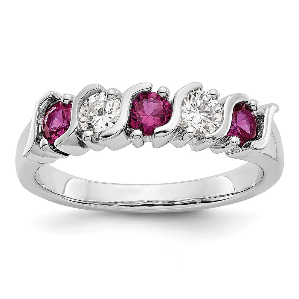 Solid 14k White Gold Simulated CZ w/Simulated Ruby Band