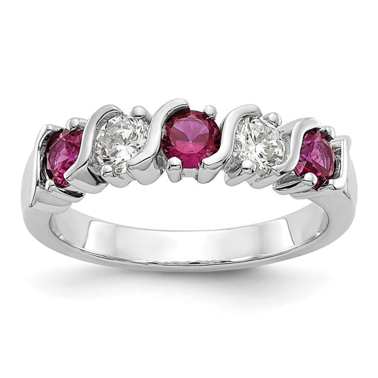 Solid 14k White Gold Simulated CZ w/Simulated Ruby Band