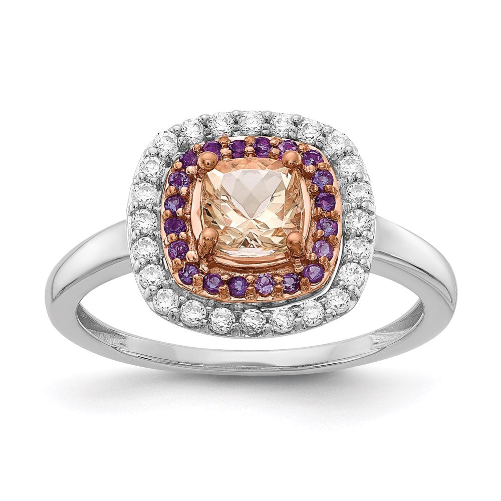 14k White & Rose Gold Morganite/Amethyst/Diamond Cushion Shape Ring