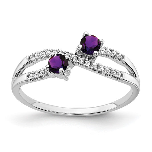 Solid 14k White Gold Two-stone Simulated Amethyst and CZ Ring