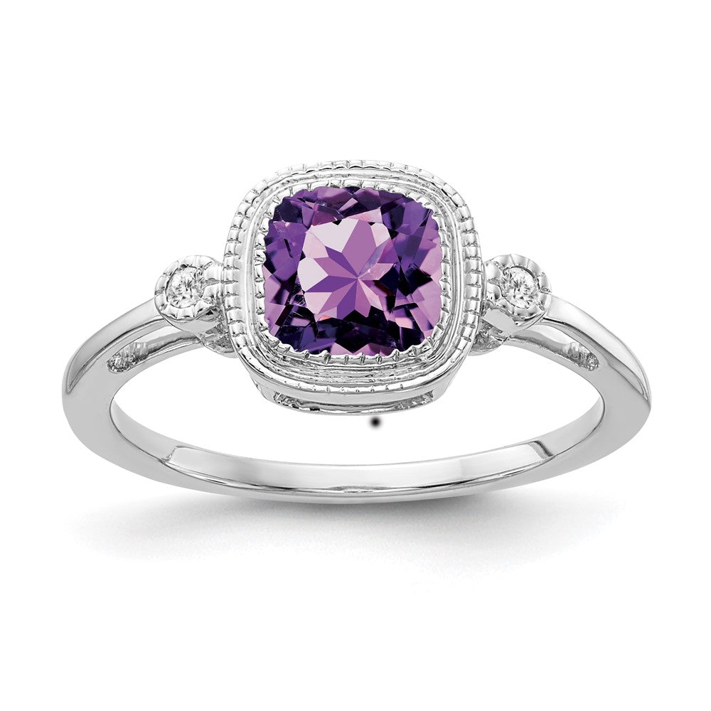 14k White Gold Cushion Amethyst and Real Diamond Ring