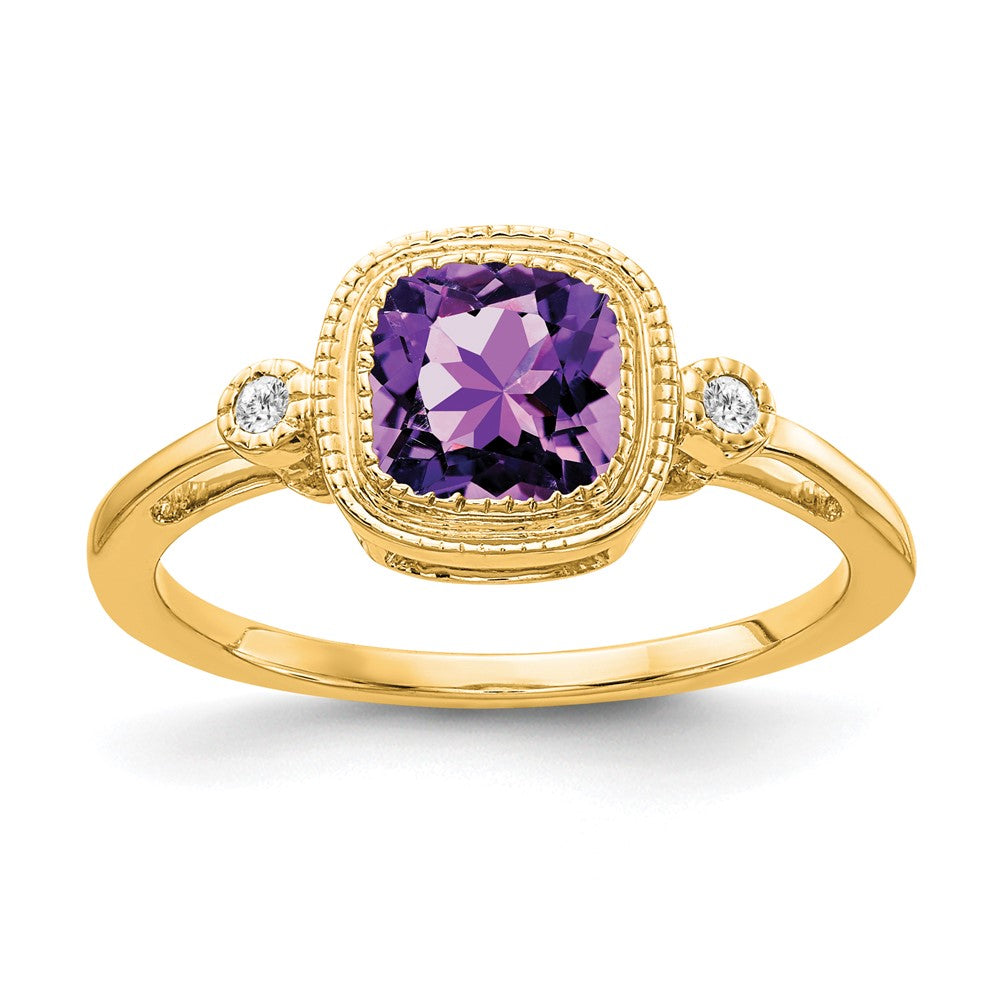 Solid 14k Yellow Gold Cushion Simulated Amethyst and CZ Ring