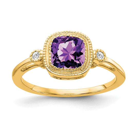 Solid 14k Yellow Gold Cushion Simulated Amethyst and CZ Ring