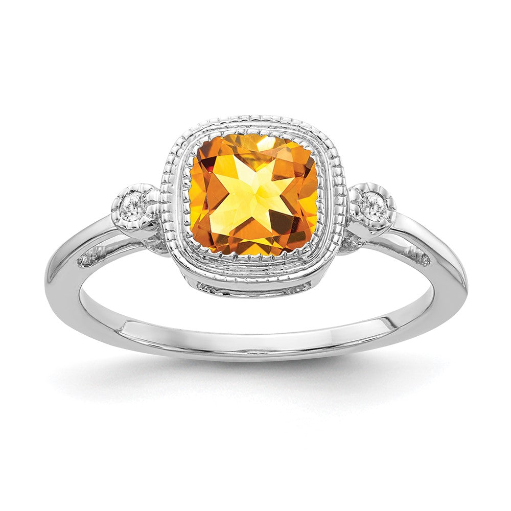 Solid 14k White Gold Cushion Simulated Citrine and CZ Ring