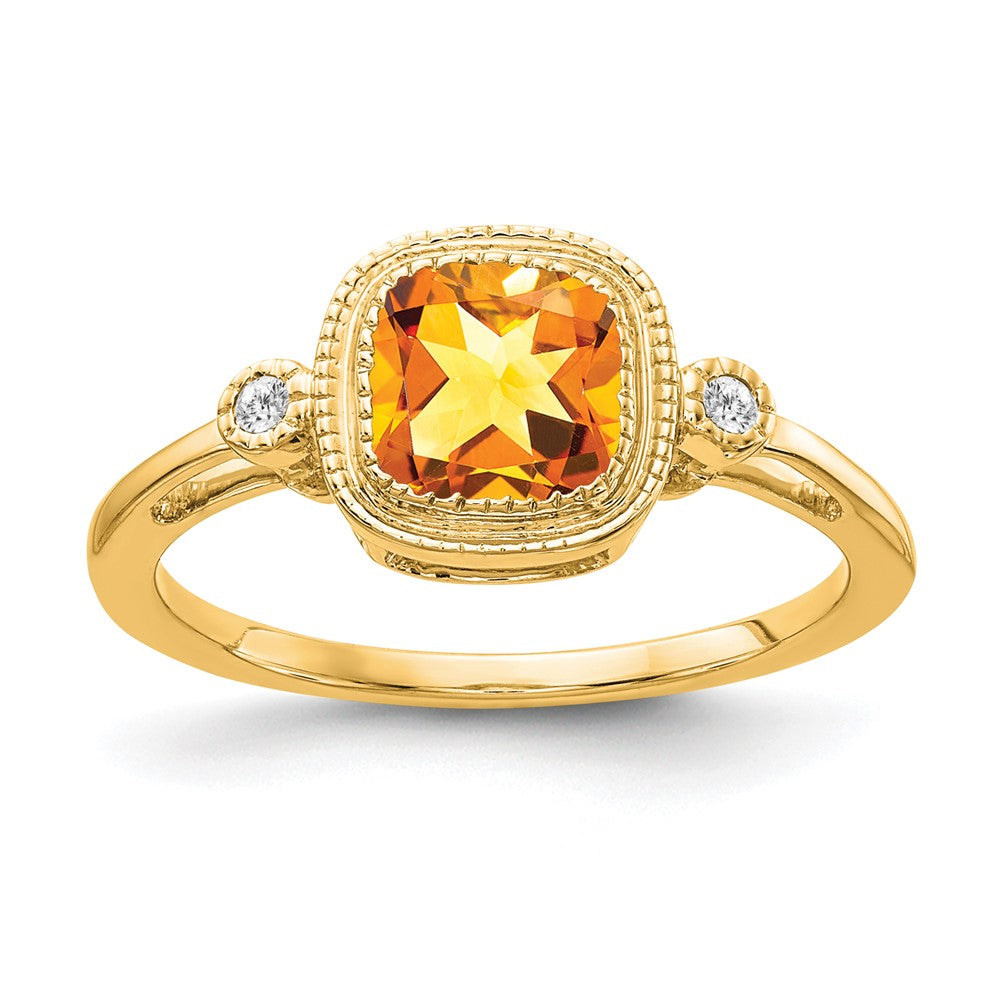 14K Yellow Gold Cushion Citrine and Real Diamond Ring