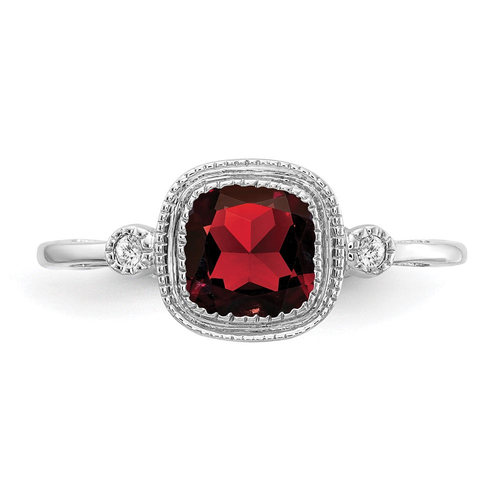 14k White Gold Cushion Garnet and Real Diamond Ring