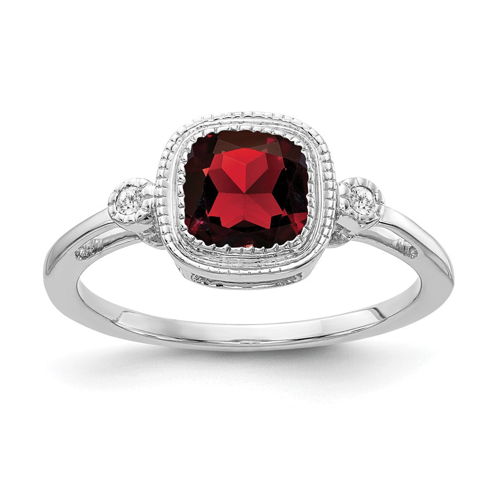 14k White Gold Cushion Garnet and Real Diamond Ring