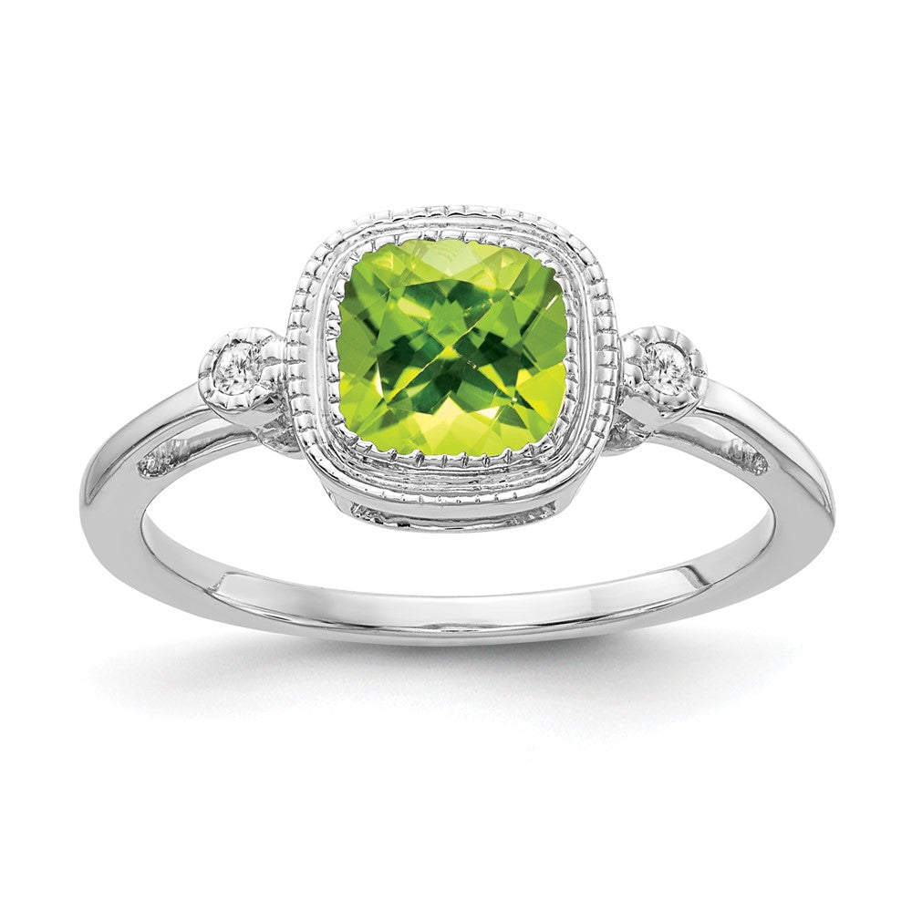 Solid 14k White Gold Cushion Simulated Peridot and CZ Ring