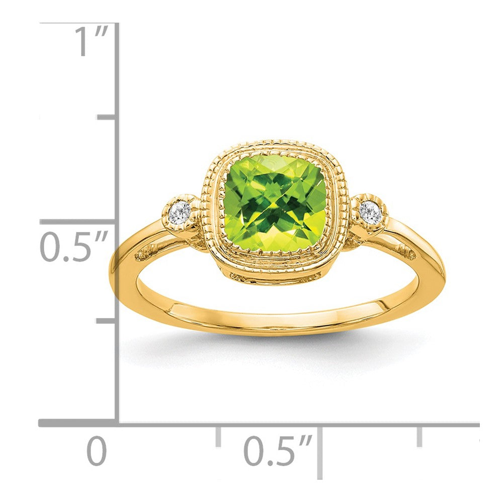 Solid 14k Yellow Gold Cushion Simulated Peridot and CZ Ring