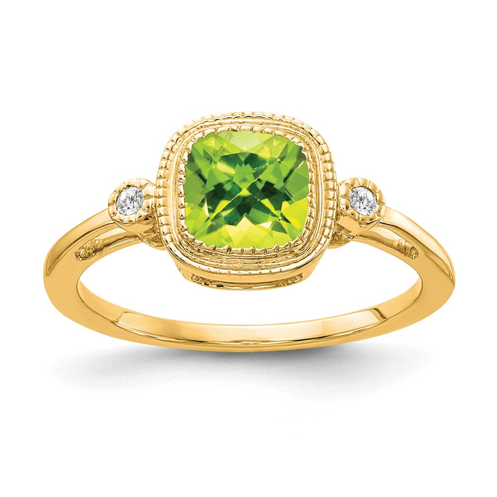 Solid 14k Yellow Gold Cushion Simulated Peridot and CZ Ring