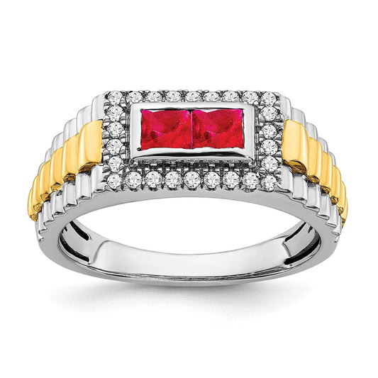 Solid 14k Two-tone Simulated Ruby and CZ Mens Ring