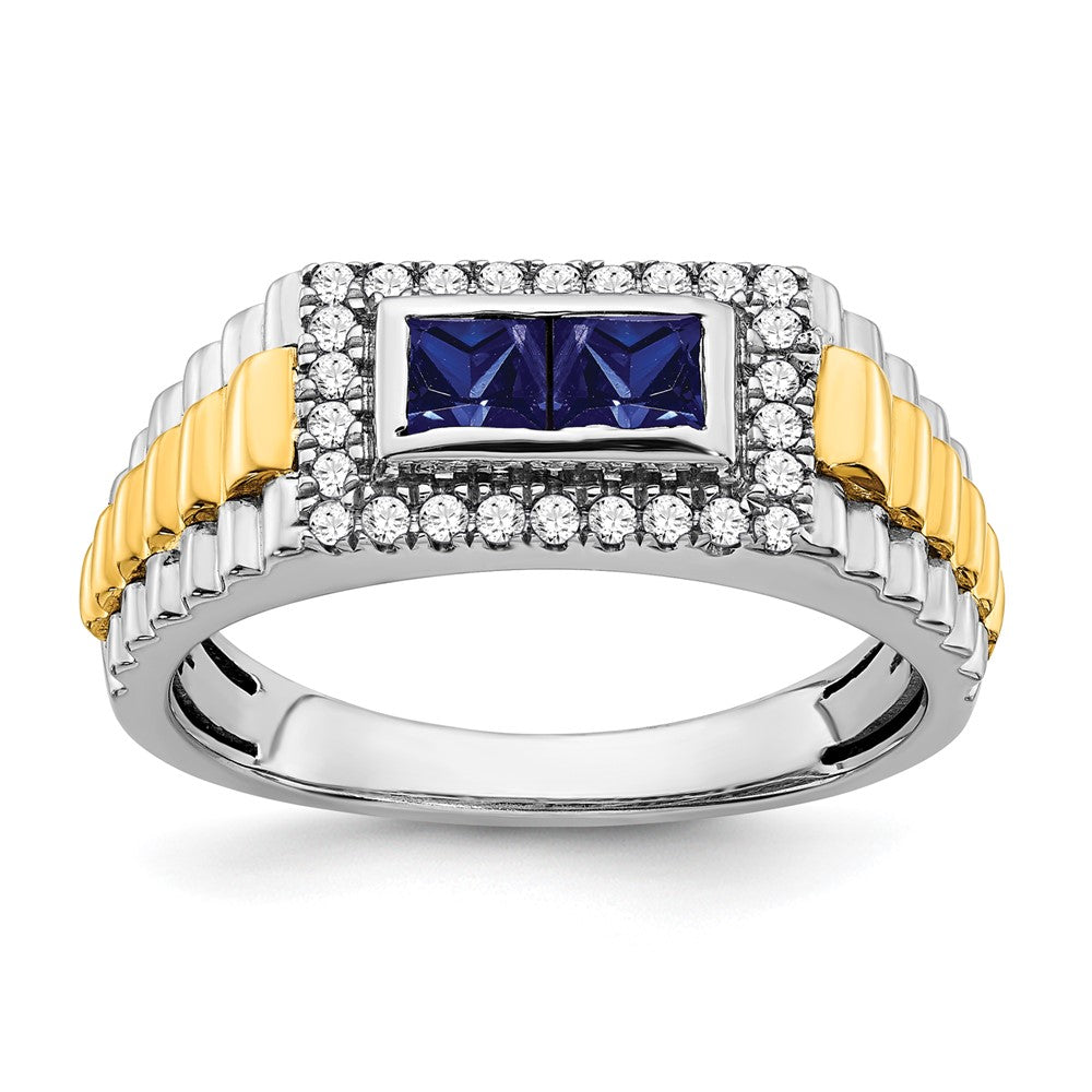 14k Two-Tone Gold Sapphire and Real Diamond Mens Ring