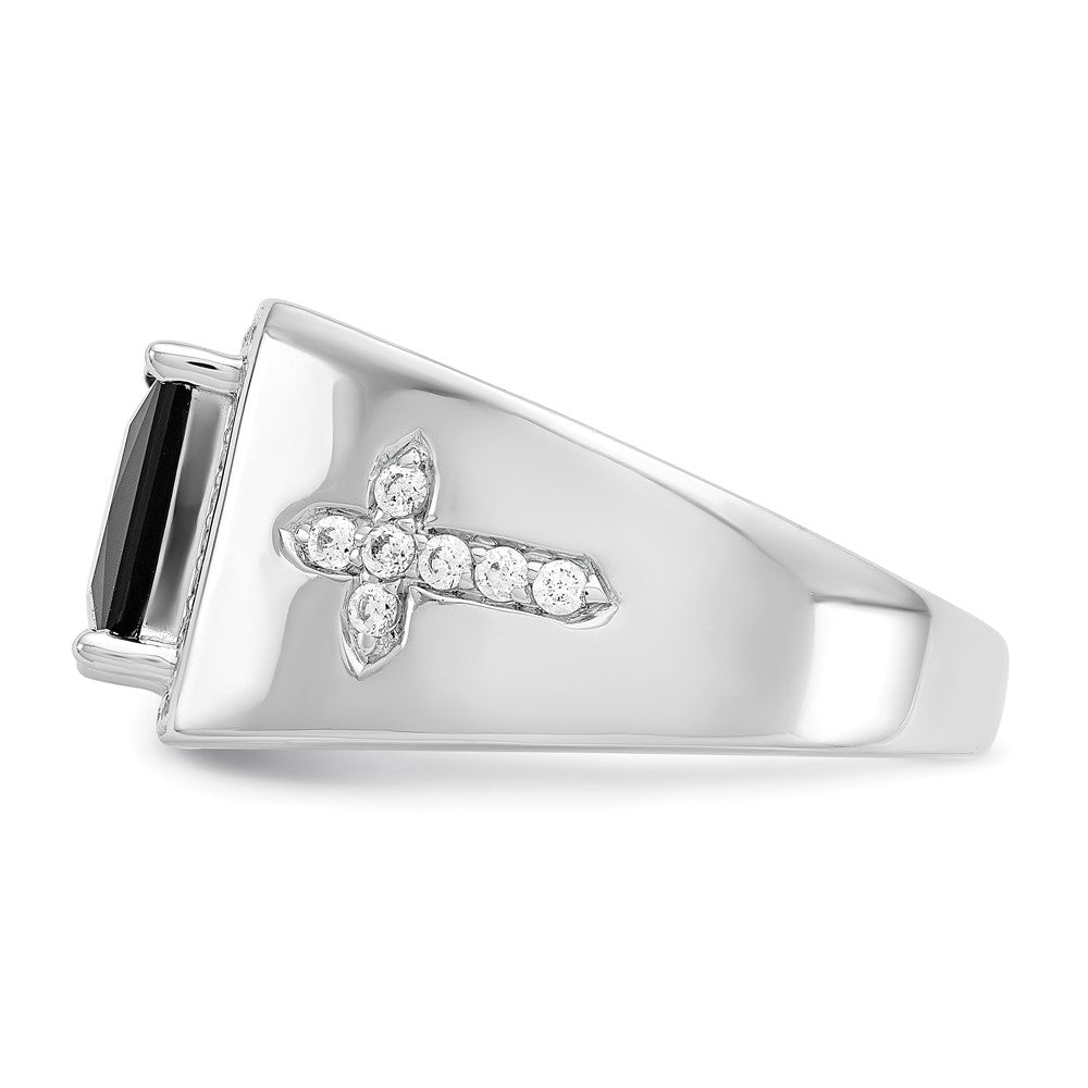 14k White Gold Onyx and Real Diamond Cross Mens Ring