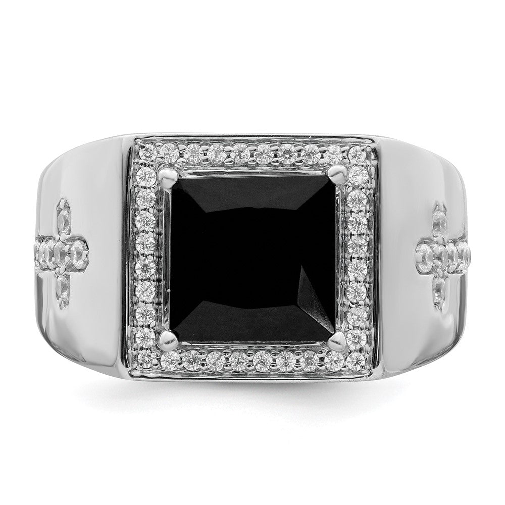 14k White Gold Onyx and Real Diamond Cross Mens Ring