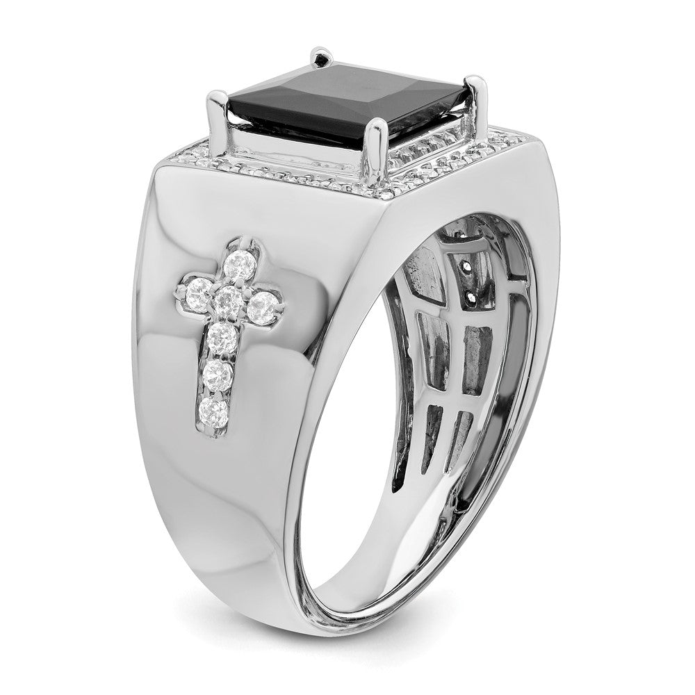 14k White Gold Onyx and Real Diamond Cross Mens Ring